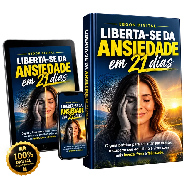 Mockup do ebook Liberte-se da Ansiedade em 21 Dias exibido em livro, tablet e celular